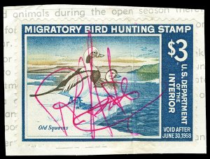 Scott RW34 $3.00 Duck Hunting Signed F-VF on Piece Cat $12.50