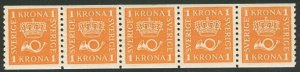 SWEDEN #153v 1kr orange, WHITE PAPER Coil Strip of 5 NH