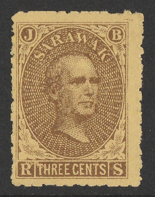 SARAWAK 1869 Brooke 3c brown on yellow (left pane, pos 90). 