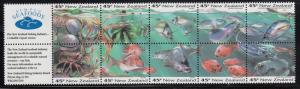 New Zealand 1993 MNH Scott #1179a Pane of 10 plus 2 labels Simply Seafoods, Fish