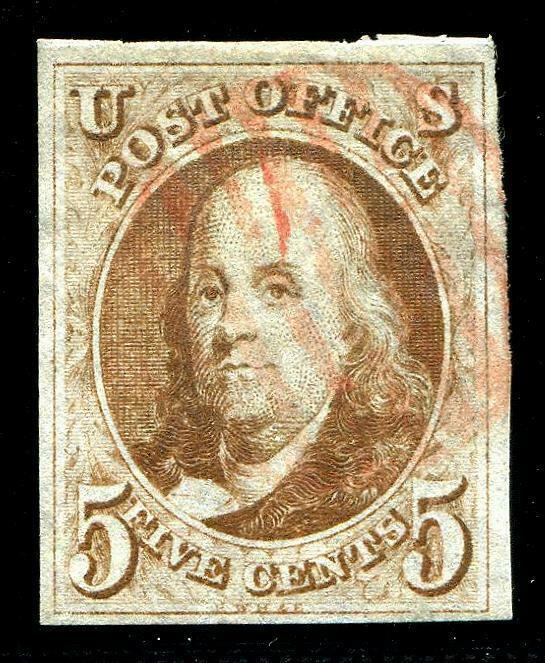 HERRICKSTAMP UNITED STATES Sc.# 1 Red Brown VF Used 4 Margin Stamp