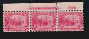 US 329 2c Jamestown Exposition Mint Top Plt #3520 Strip of 3 F-VF OG H SCV $105