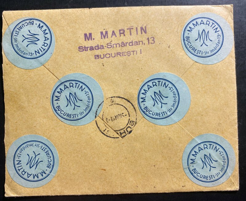 1938 Bucarest Romania Commercial Registered Cover To Buhusi M Martin 