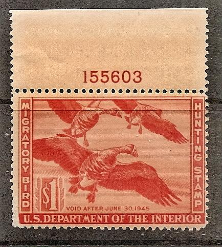 US RW 11 MNH 1944 Pl.# Duck Stamp $1 Red Orange CV $135