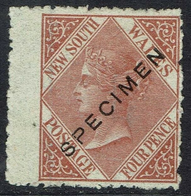 NEW SOUTH WALES 1867 QV 4D SPECIMEN WMK 4 PERF 13 NO GUM 