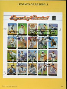 UNITED STATES 2000 LEGENDS OF BASEBALL SHEET  SOUVENIR PAGE FD CANCELED