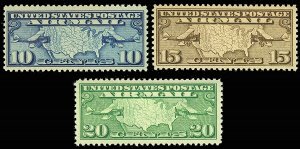 1926 U.S. Map and Mail Planes Airmail Set of Three VF Stamps Mint NH