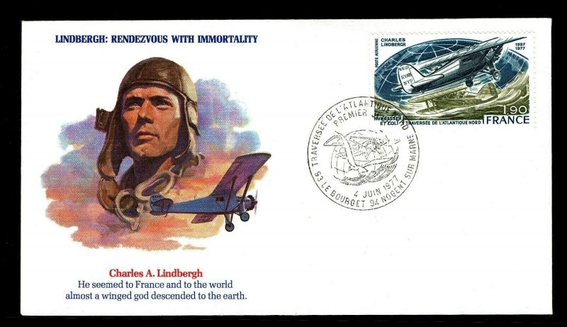 1977 France #C49 Airmail First Day Cover - Lindbergh Cachet (ESP#5172)