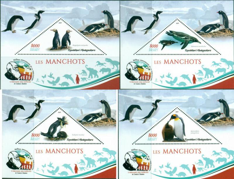 PENGUINS ANIMALS FAUNA CHARLES DARWIN MADAGASCAR 2019 MNH STAMP SET 4 SHEETS