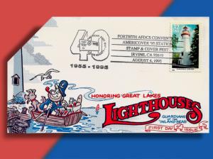 Pop-Up Cover Salutes Great Lakes Lighthouses - 1995 AFDCS Cancel for 40th Anniv.