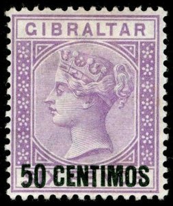 GIBRALTAR SG20a, 50c on 6d brt lilac '5 SHORT FOOT', LH MINT. Cat £140.