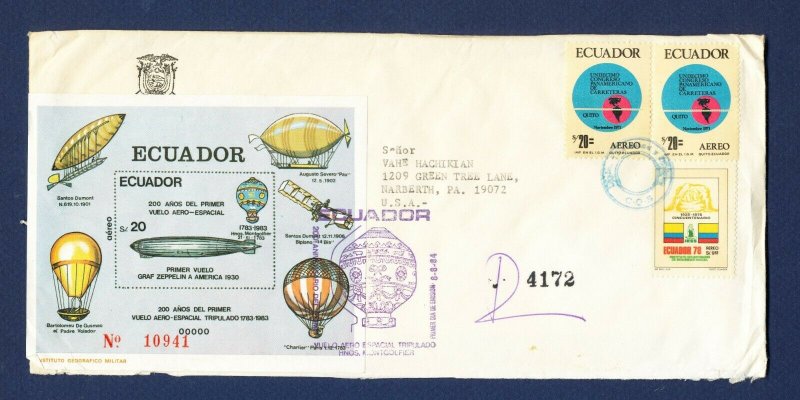 ECUADOR - # 1060 three Zeppelin S/S on cover mailed to USA - 1984 - TWO SCANS