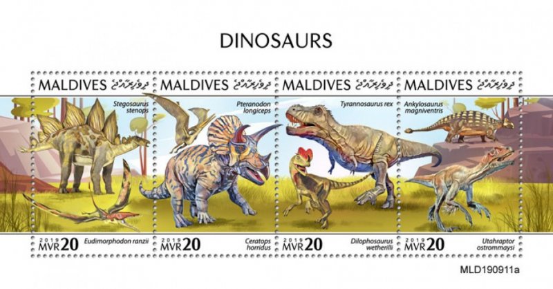 MALDIVES - 2019 - Dinosaurs - Perf 4v Sheet - MNH