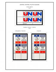 COLOR PRINTED US PLATE BLOCKS 1970-1975 STAMP ALBUM PAGES (68 illustrated pages)