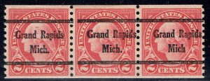 1925 2c WASHINGTON w/precancel f/GRAND RAPIDS MI(599-43) GAP STRIP of 3 w/ERROR