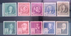 Scott #884-893 -  Famous American Issues - Lot - MNH - 1940