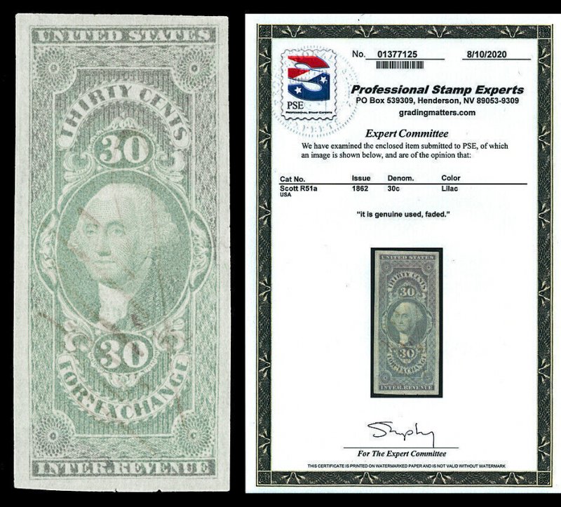 Scott R51a 1862 30c First Issue Revenue Used VF Cat $200 with PSE CERTIFICATE!