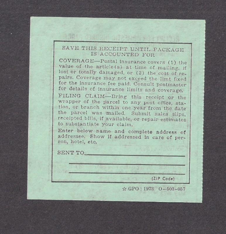 Mint Receipt for Domestic Insured Parcel Postal Form. 1973 Form 3813