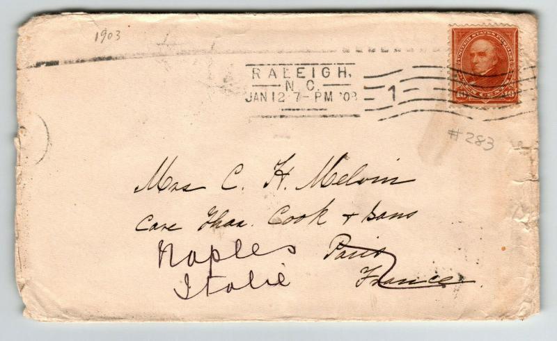 US 1908 Cover to Italy / Hotel Date Backstamp / Sm Edge Tears - Z13439