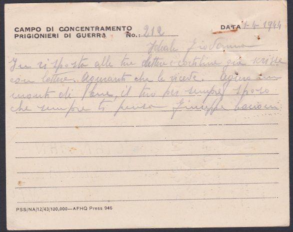 ALGERIA 1944  POW card from Italian Prisoner to Italy. US Army censor......53670