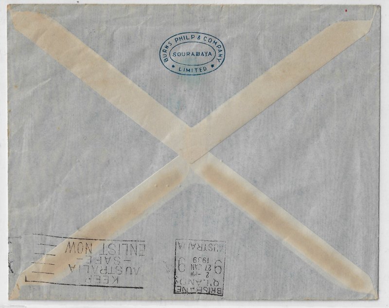Netherland Indies air mail cover 1939  Sourabaya to Australia w/ Brisbane (a5790