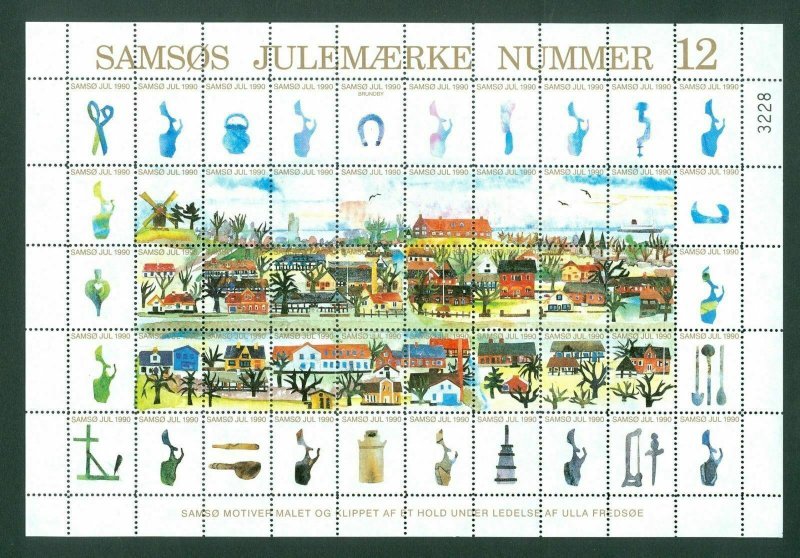 Denmark. Christmas Sheet Local Samso  # 12. 1990. Town: Brundby. Windmill,Ferry