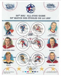 Canada #1838 Used sheet, 50th NHL all-star game, various hockey players