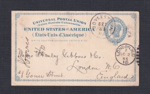 USA 1885 2c LIBERTY POSTAL STATIONERY CARD DOYLESTOWN PA. TO LONDON ENGLAND