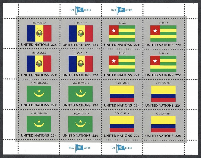 United Nations #477-492 22¢ World Flag Series (1986). 4 full sheets. MNH