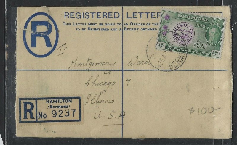 BERMUDA  (PP1302B)  1949 KGVI 3D RLE+ PEROT 6D REG COVER TO USA 