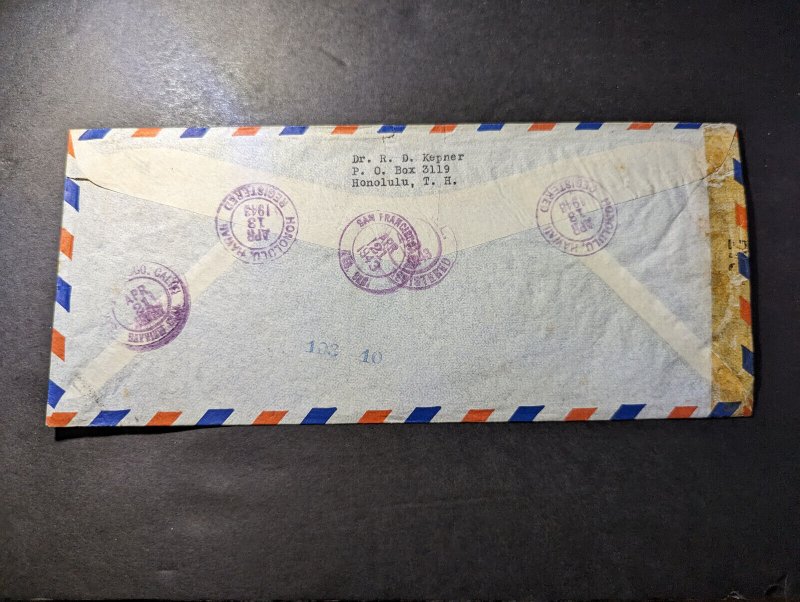 1943 Registered USA Airmail Special Delivery Cover Honolulu to San Francisco CA