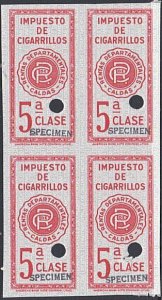 COLOMBIA 1910 Caldas Cigarette Tax 5a proof block of 4 opt SPECIMEN.........7903