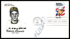 1984 Roberto Clemente Sc 2097 Ex-A-Cal cachet signed Mark Whiten, Cardinals (LE