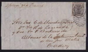 Great Britain 1875 London to Cadiz Spain 6d Deep Grey Solo Franking Cover FL