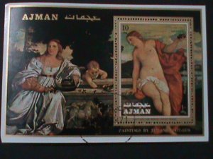 ​AJMAN-1972 NUDE ARTS PAINTING-HOLY LOVE & PROFANE LOVE BY TIZIANO-CTO S/S VF