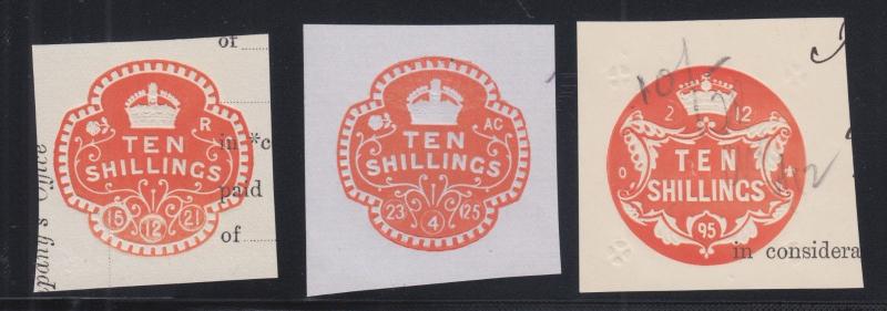 Great Britain, 1895-1912 10sh Embossed Revenues, 3 different, sound,, VF