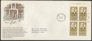 1969 #491 Vincent Massey FDC Plate Block Schering Cachet Ottawa