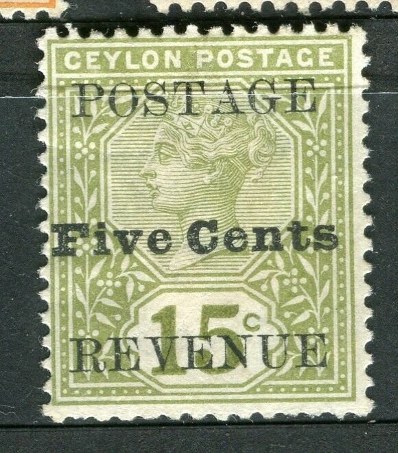 CEYLON; 1890 early classic QV FIVE CENTS surcharged mint hinged value