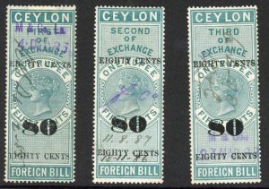 Ceylon Foreign Bill BF59 80c on 1r50 green 1st 2nd and 3rd Exchange