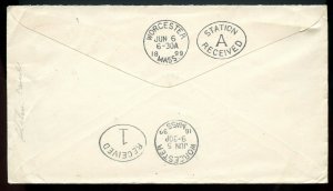 U.S. U362 1899 Cover w/Worcester, Massachusetts Station A Oval Received Mark
