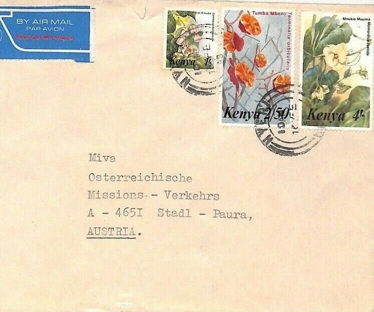 KENYA Air Mail Cover *Nyeri* Flowers MIVA MISSIONARY Austria 1988 CA154