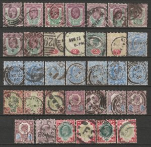 Great Britain 1902 Sc 129-31,133-5,138 sel. of 34 used, shades/cancels vars.