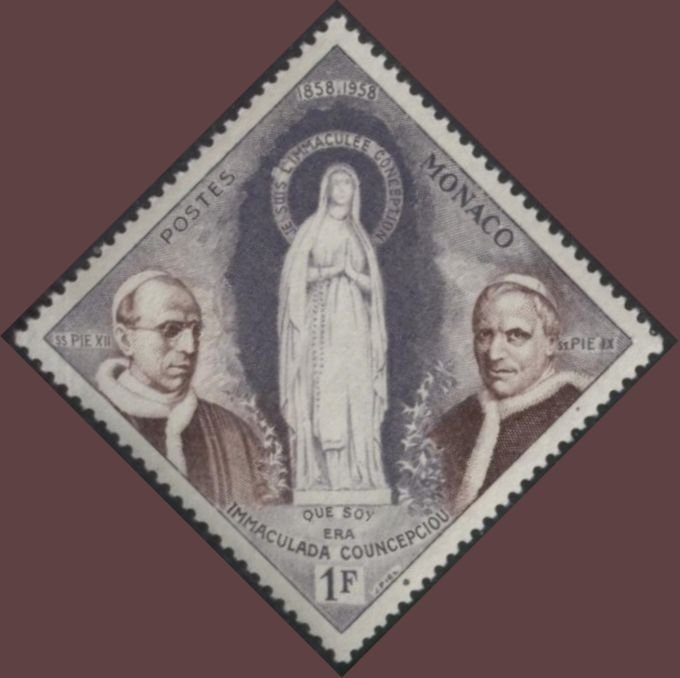 Monaco 412 (mh) 1fr Virgin Mary at Lourdes, Popes Pius IX & XII (1958)