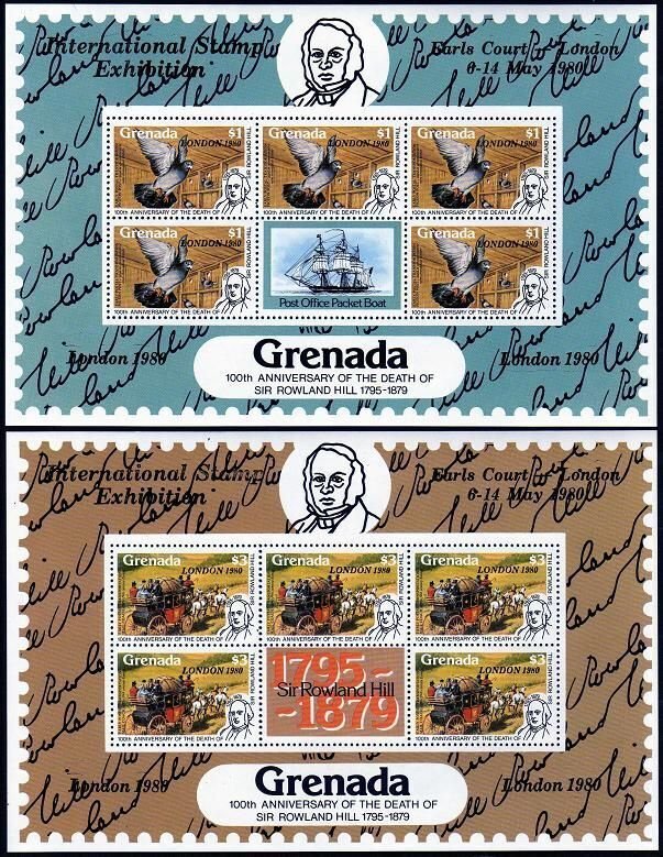 Grenada 989A-989D sheets, MNH. Mi 1036-1039 klb. LONDON-1980. Sir Rowland Hill.