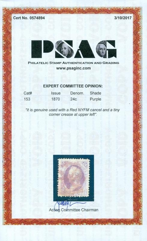EDW1949SELL : USA 1870 Scott #153 Used Nice stamp Red cance PSAG Cert. Cat $245
