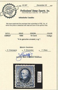 Scott 227 Mint OG LH Extra Fine Jumbo PSE Cert   (09/21 TJ)