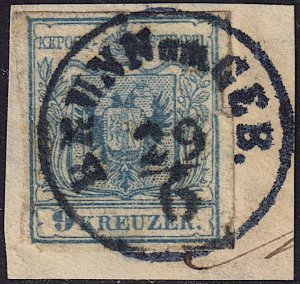 Austria - 1850 - Scott #5 - used on piece - black blue BRUNN am GEB. pmk