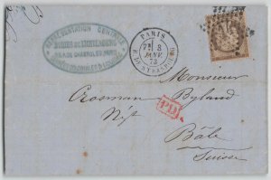 France 1873 30c Ceres Paris Star 14 Rue de Strasbourg Cover to Switzerland