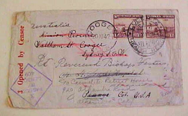 SOUTH WEST AFRICA  CENSORED 1942 B/S USA FORWARDED