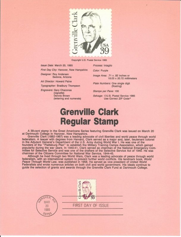 US SP526 Grenville Clark Souvenir Page #1869